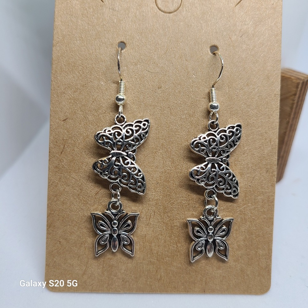Handmade Butterfly Dangle Earrings Silver Tone Filigree Fashion Jewelry‎ NEW 2"